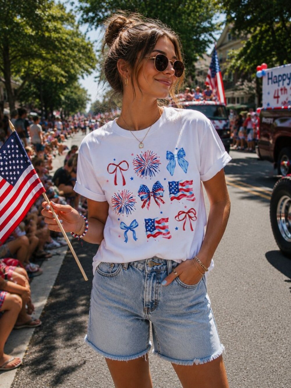 Americana Patriotic White Bow Fireworks T-Shirt Women's American Flag BBQ Medium